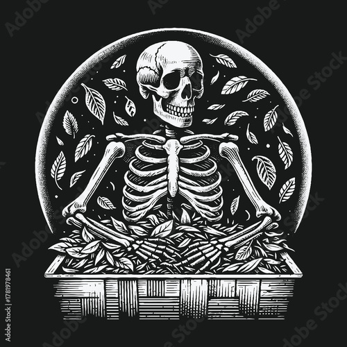 Gothic Black and White Skeleton Resting in a Basket Full of Leaves.
