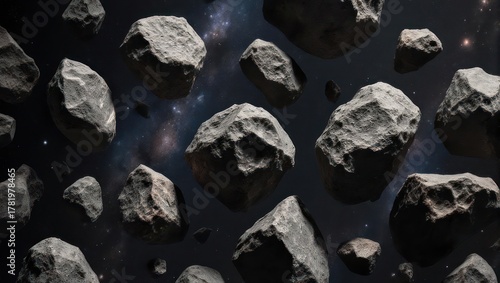Floating grey rocks, asteroids, and boulders drift in a deep space setting with a starry background