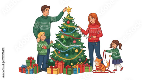 Family Moments: A family decorates a Christmas tree, preparing for a joyous festive season, creating lasting memories.