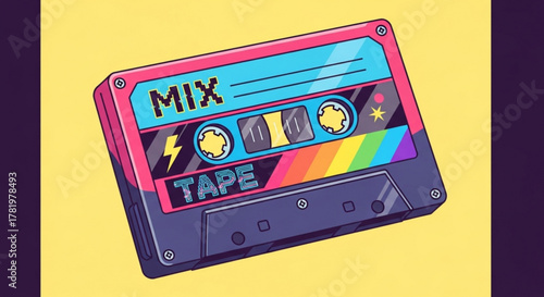 Retro mixtape illustration on yellow background, a nostalgic symbol of the 80s and 90s music culture, perfect for vintagethemed designs