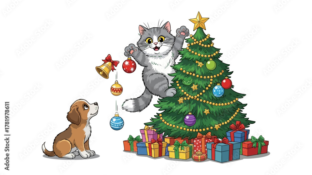 Fototapeta premium Festive Companions: A playful cat and dog adorn a Christmas tree with joyous decorations. Capture the whimsical spirit of the season, showcasing the animals.