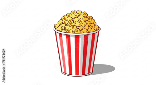 A bucket of popcorn with red and white stripes is a delicious snack for movie night