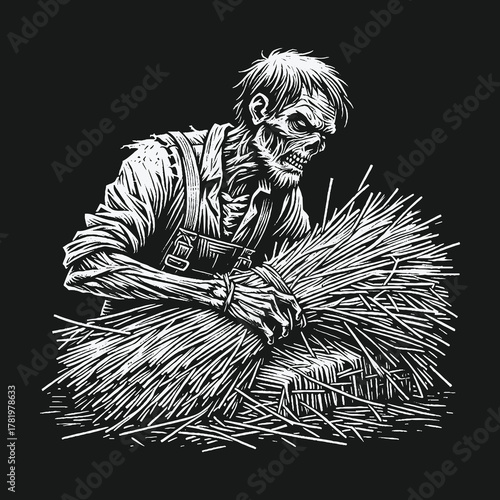 Undead Zombie Farmer Gathering a Bundle of Hay Illustration.