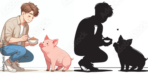 Vector set and shilhouttes image of a man feeding a pig on a white background