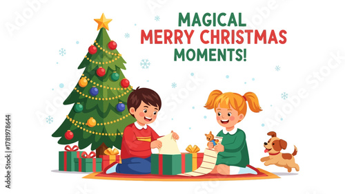 Christmas Magic Unveiled: Enchanting moment of holiday cheer, with kids excitedly unwrapping gifts beneath a twinkling tree and surrounded by festive decorations. Capturing the season's wonder.