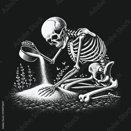 Gothic illustration of a skeleton sowing seeds of life from dust.