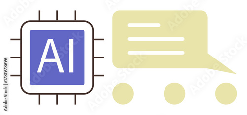 AI microchip alongside speech bubble with text lines conveys artificial intelligence, communication, machine learning, and tech innovation. Ideal for AI systems, robotics, data processing, language