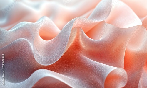 Soft coral and blue translucent fabric texture flowing abstract background design.