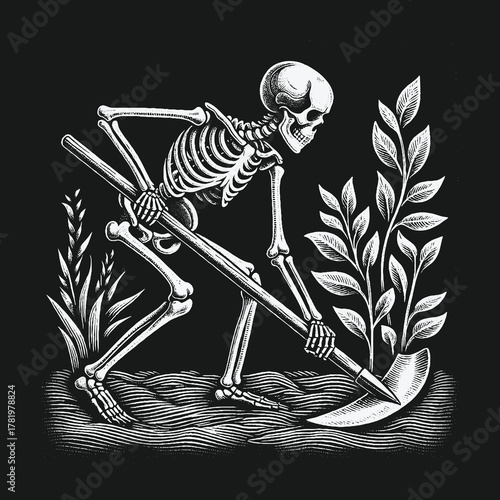 Vintage engraving style illustration of a skeleton with a scythe tending to plants in a field.