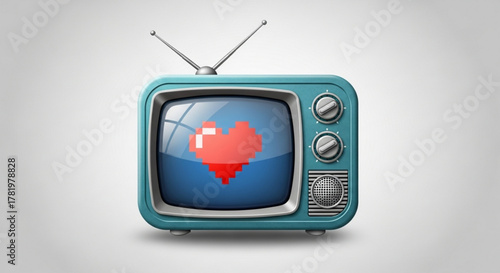 Retro television with red heart on screen for love shows and tv programs concept and romantic broadcast