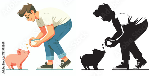 Vector set and shilhouttes image of a man feeding a pig on a white background