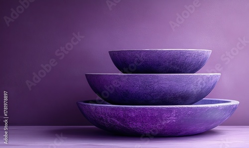 Stacked purple textured stone bowls creating a monochromatic abstract visual display.