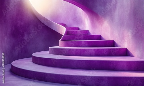 Curved purple stairway steps ascending dramatically towards a bright light source above