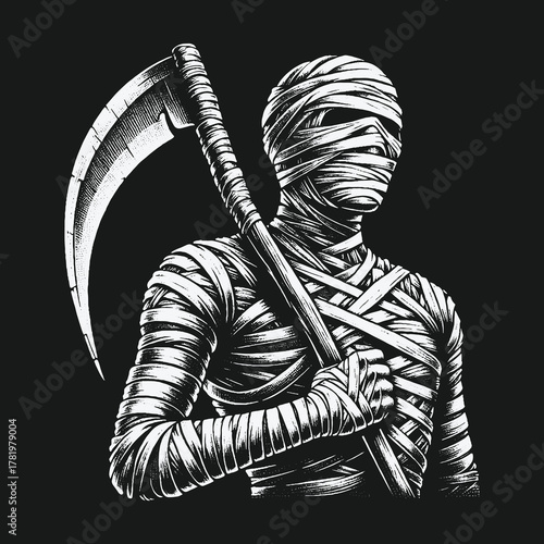 Spooky bandaged mummy character wielding a sharp scythe.