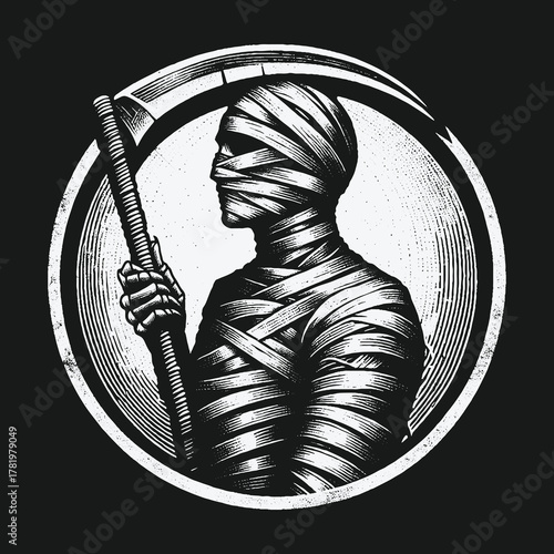 Mysterious bandaged mummy figure holding a large scythe in a circular frame.