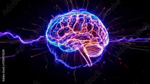 A visualization of the human brain with glowing impulses and energy flows, representing thought, information transfer, and consciousness. The concept illustrates the power of the mind to manifest 