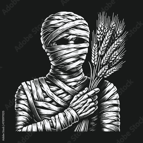 Ancient mummy wrapped in bandages holding a bundle of wheat.