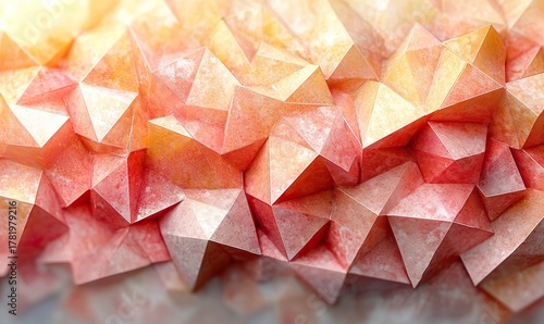Abstract low poly geometric 3d background texture in warm shades of orange and pink.