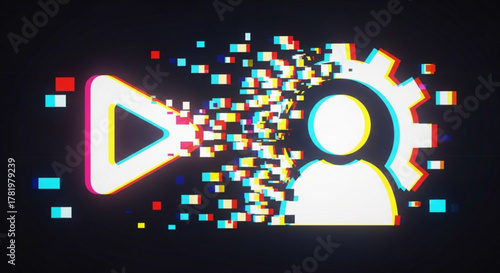 Glitch user setting icon with distortion effect on, representing digital disruption and modern technology concept