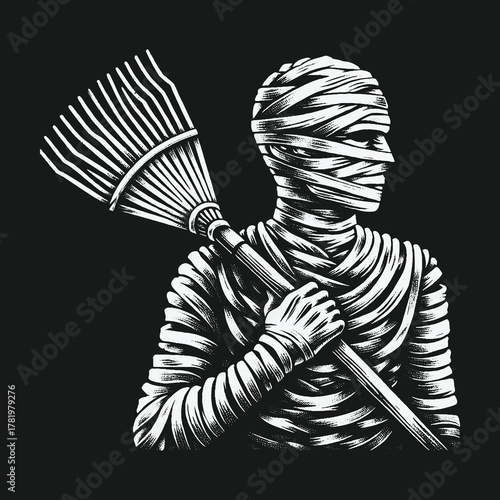Vintage style black and white illustration of a mummy holding a rake.