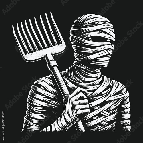 Monochrome illustration of a mummy holding a pitchfork.
