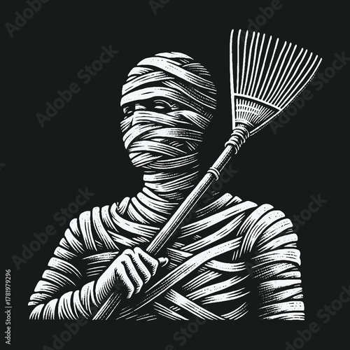 Surreal Black and White Illustration of a Mummy Holding a Rake.