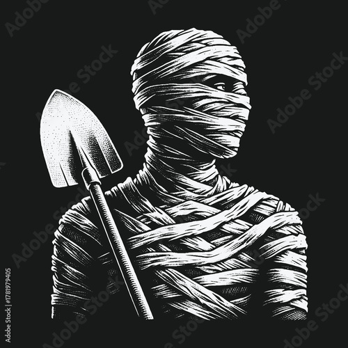 Dark art illustration of a bandaged mummy with a shovel.