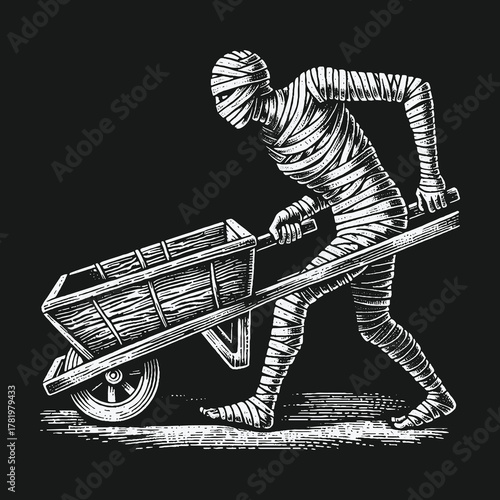 Monochromatic vintage woodcut of a mummy pushing a wheelbarrow.
