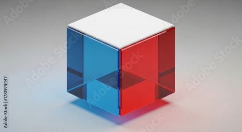 A colorful cube with red and blue sides and a white top on a gray background, creating a visually appealing and modern design