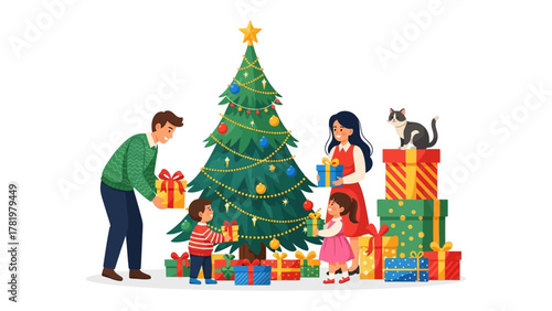 Holiday's Joyful Gift: A family gathers in anticipation as they decorate Christmas tree, celebrating the holiday spirit with gifts. creating a memorable time for all.