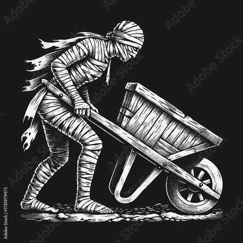 Vintage Style Black and White Illustration of a Mummy Laborer.