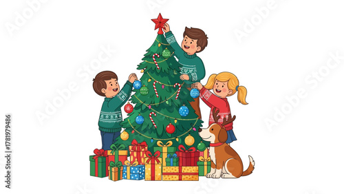 Family Christmas Tree: Children and a dog joyfully decorate a Christmas tree with ornaments, the scene conveying the magic of family tradition and holiday cheer.