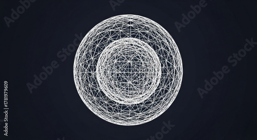Abstract wireframe sphere with concentric circles on a dark background, creating a complex and interconnected network visualization
