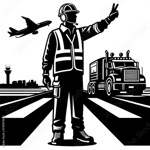 Runway Worker Directing Vehicle
