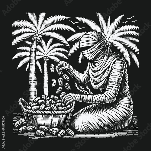 Ancient mummy figure sorting dates into a basket woodcut illustration.