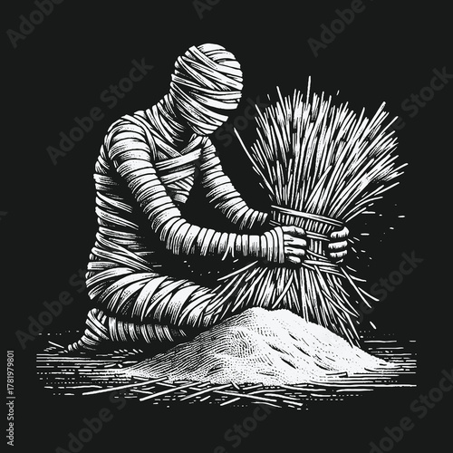 Surreal black and white illustration of a mummy gathering a sheaf of wheat.
