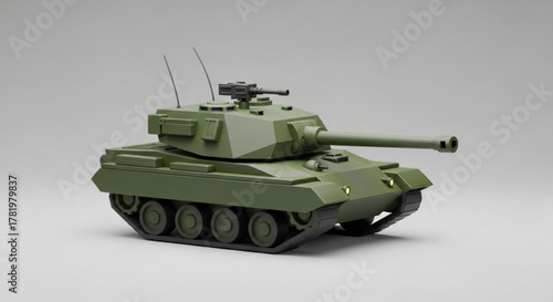 A green toy tank, , featuring a cannon and machine gun, representing military power and defense