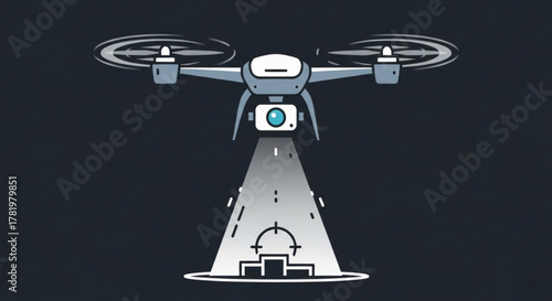 Illustration of a drone with a camera hovering over a target, shining a light on it, symbolizing surveillance and precision