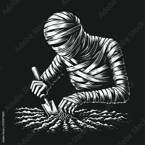 Ancient bandaged mummy figure carefully tending to rows of soil.