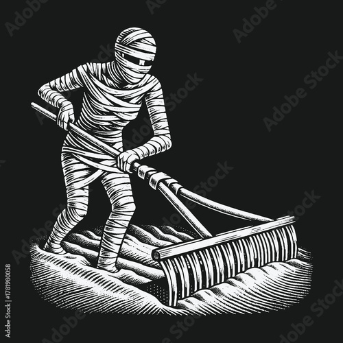 Ancient Egyptian mummy meticulously raking sand in a stark black and white illustration.