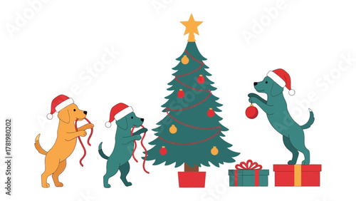 Holiday Puppy Helpers: Playful puppies, adorned in festive hats, busily decorate a vibrant Christmas tree with colorful ornaments and ribbons, while surrounded by wrapped presents.