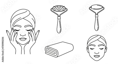 Woman with towel and face roller minimalist line art illustration for skincare and beauty concepts isolated on white background
