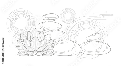 Zen garden illustration with lotus flower and stacked stones simple line art drawing for meditation and relaxation concepts isolated on white background