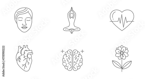 Set of wellness icons featuring mindfulness yoga and heart health simple line art vector illustration isolated on white