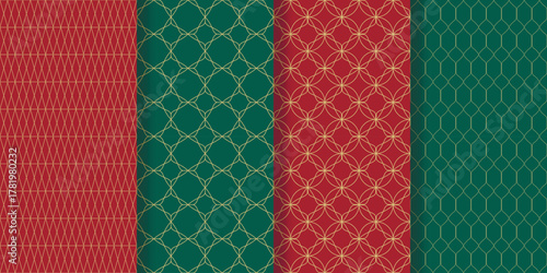 Set seamless backgrounds with gold geometric patterns in Christmas colors. Emerald and red prints with gold repeating lines in Art Deco style. Festive print for packaging, gifts, and textiles. Vector 
