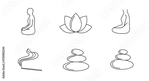 Set of minimalist yoga and meditation icons simple line art vector design elements isolated on white background