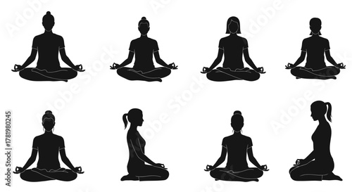 Set of yoga pose silhouettes various female figures in meditation vector illustration isolated on white background
