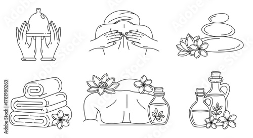 Spa and wellness line art icons vector illustration of massage aromatherapy and relaxation treatments isolated on white background