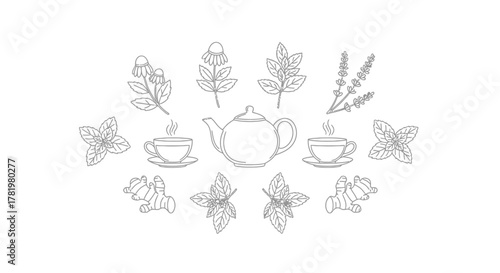 Herbal tea set with teapot cups and herbs line art vector illustration for wellness and healthy lifestyle concepts isolated on white