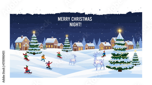 Festive Christmas Night: A heartwarming illustration of a snowy Christmas night, depicting a charming village nestled amidst snow-covered hills. Joyful children engaged in winter activities.